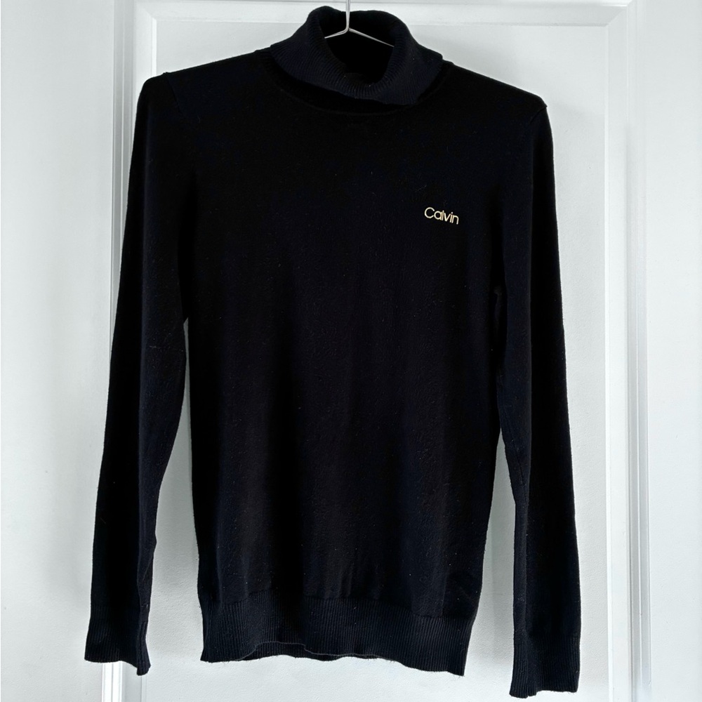 Calvin Klein Black Turtleneck Sweater Gold Metal Logo Minimalist Classic M